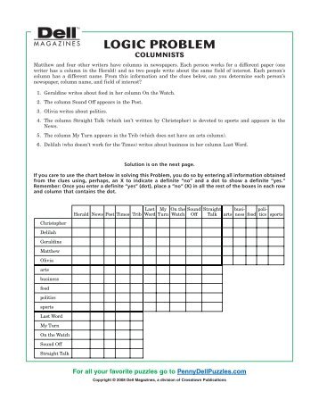 LOGIC PROBLEM - PennyDellPuzzles