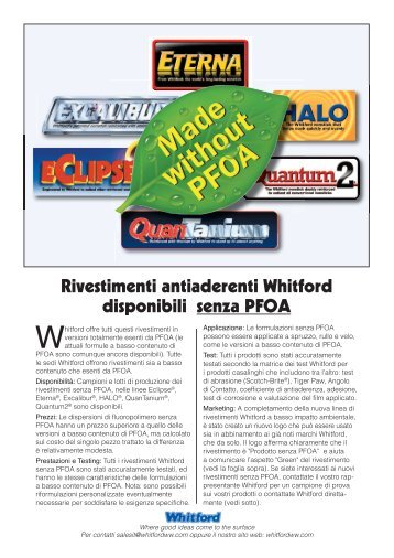 Whitford products now available with no PFOA - Italian