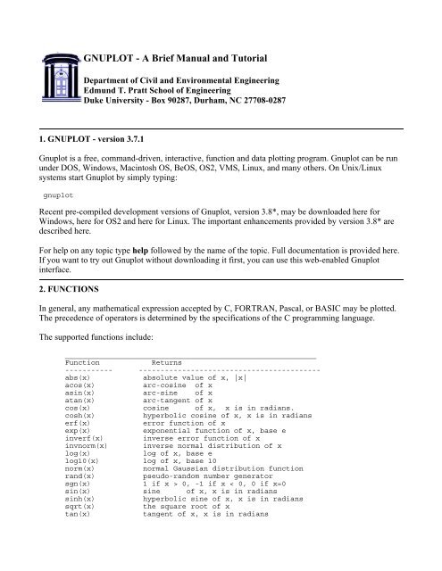 GNUPLOT - A Brief Manual and Tutorial