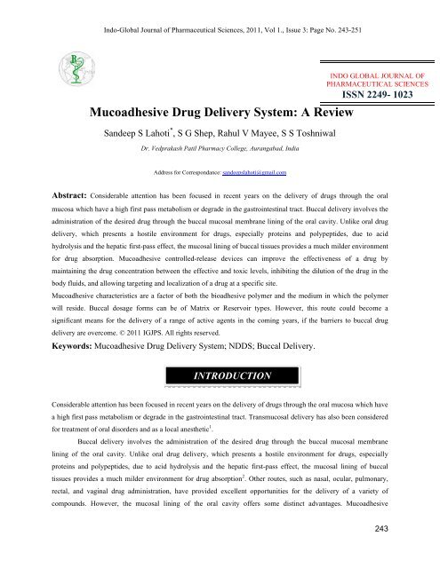 Mucoadhesive Drug Delivery System - Indo Global Journal of ...