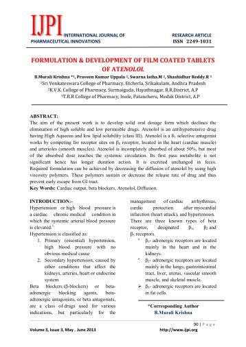 FORMULATION & DEVELOPMENT OF FILM COATED ... - IJPI