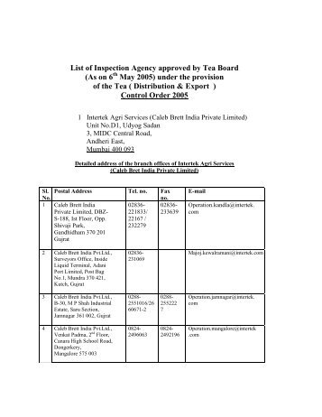 List of Inspection Agency approved by Tea Board - Tea Board of India
