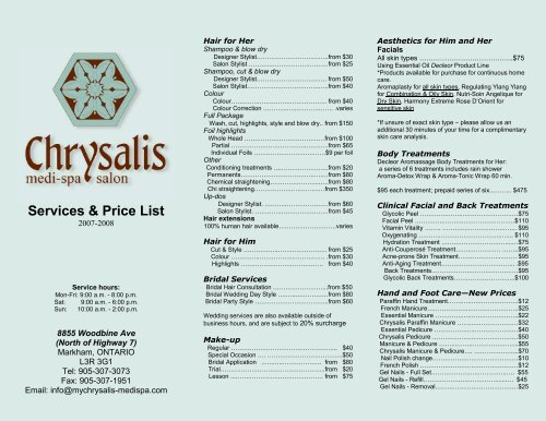 Services &amp;amp; Price List - my Chrysalis Medi-spa Salon