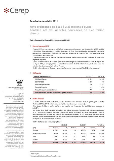 RÃ©sultats consolidÃ©s 2011 - Cerep