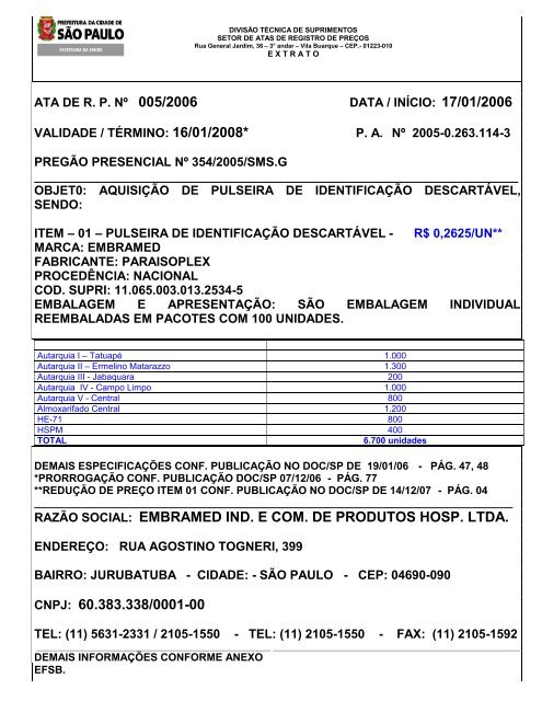 RAZÃO SOCIAL: EMBRAMED IND. E COM. DE PRODUTOS HOSP ...