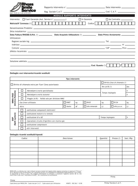 MODULO RAPPORTO INTERVENTO - Rhoss