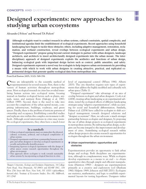 Designed experiments: new approaches to studying urban ...