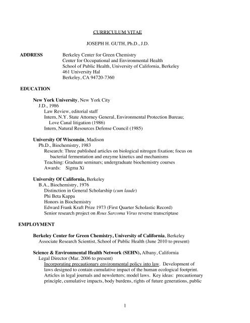 CURRICULUM VITAE JOSEPH H. GUTH, Ph.D., J.D. - Center for ...