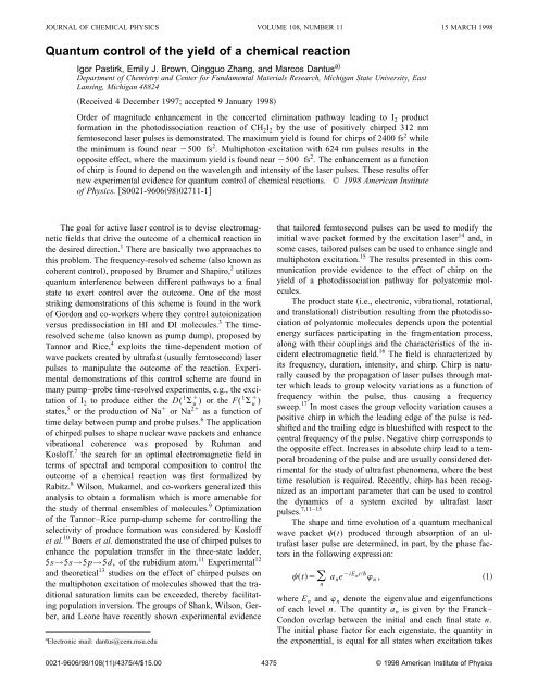 Quantum control of the yield of a chemical reaction - Department of ...