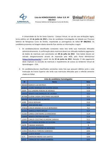 12/6/2012 - Classificados - primeira chamada - Unisul
