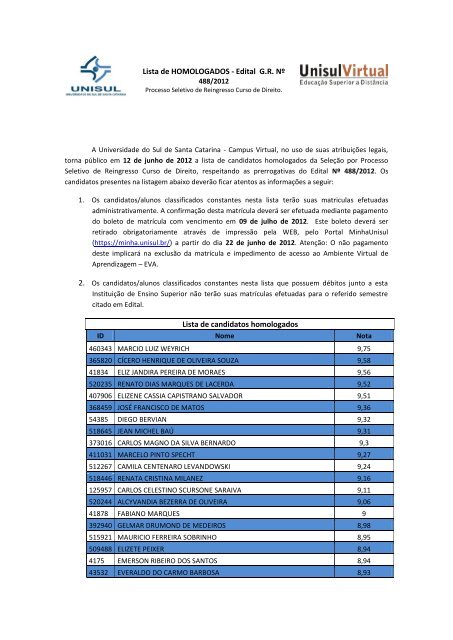 12/6/2012 - Classificados - primeira chamada - Unisul