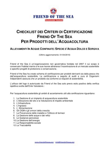 checklist dei criteri di certificazione per prodotti ... - Friend of the Sea