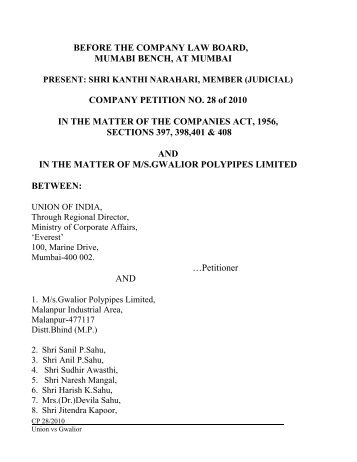 before the company law board - Company Law Board Mumbai Bench