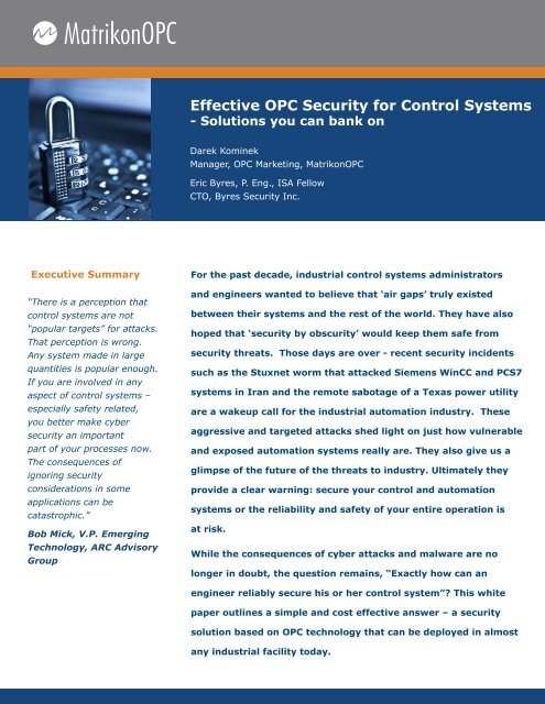 Effective OPC Security for Control Systems - SCADAhacker