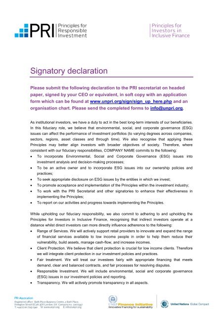 Signatory declaration - Principles for Responsible Investment