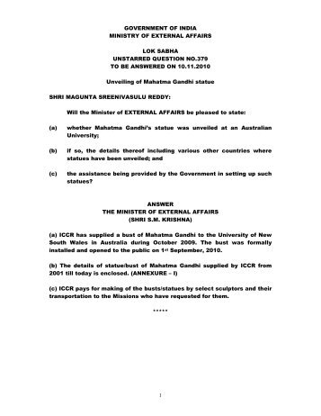 Details of Statue/Bust of Mahatma Gandhi Supplied by ICCR