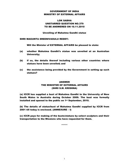 Details of Statue/Bust of Mahatma Gandhi Supplied by ICCR