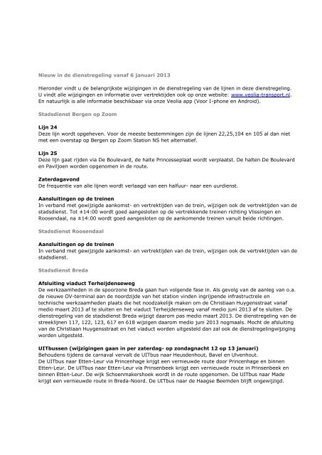 Nieuw in de dienstregeling vanaf 6 januari 2013 Hieronder ... - Veolia