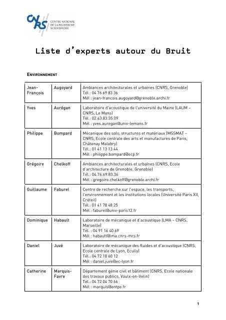 Liste d'experts autour du Bruit - CNRS