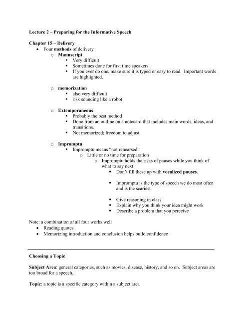 Lecture 2 â Preparing for the Informative Speech Chapter ...