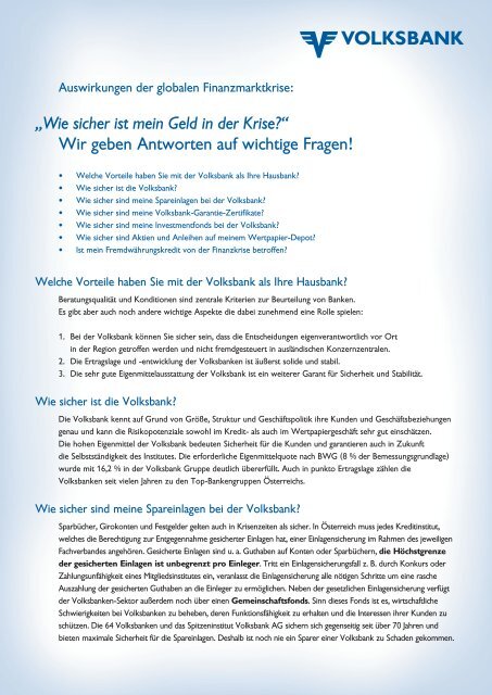 Wie sicher ist mein Geld in der Krise? - Volksbank