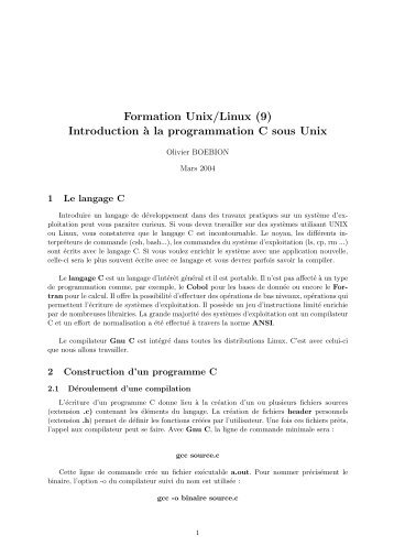 Formation Unix/Linux (9) Introduction `a la programmation C sous Unix