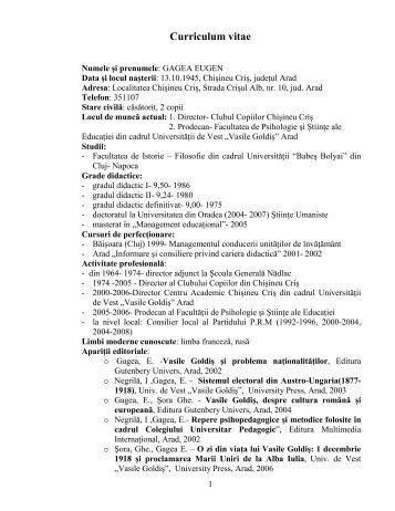 Curriculum vitae - Universitatea de Vest "Vasile Goldis" din Arad