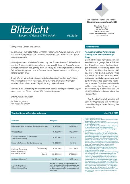 Mandantenbrief Blitzlicht 06/2009 - von Podewils, Kohler und ...