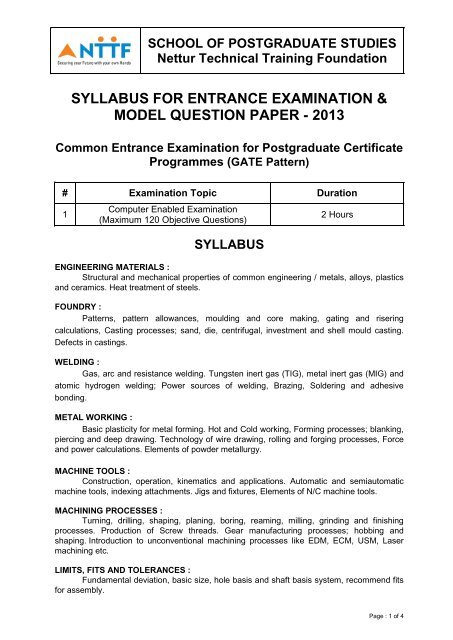 Entrance Exam Syllabus & Model Question Paper - NTTF