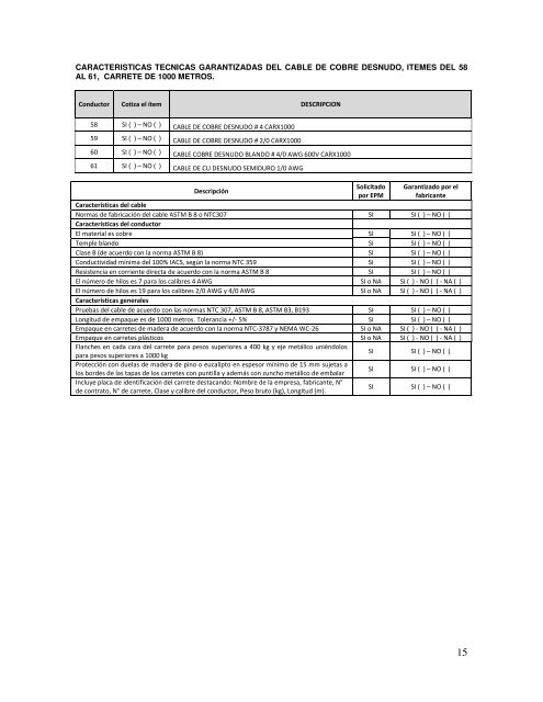 CARACTERISTICAS GARANTIZADAS DE CABLES DE ... - Chec