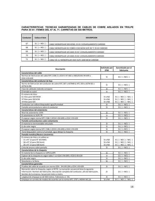CARACTERISTICAS GARANTIZADAS DE CABLES DE ... - Chec