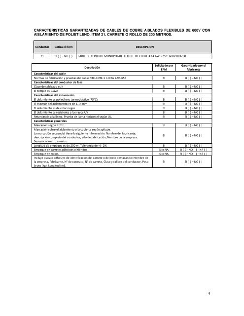 CARACTERISTICAS GARANTIZADAS DE CABLES DE ... - Chec