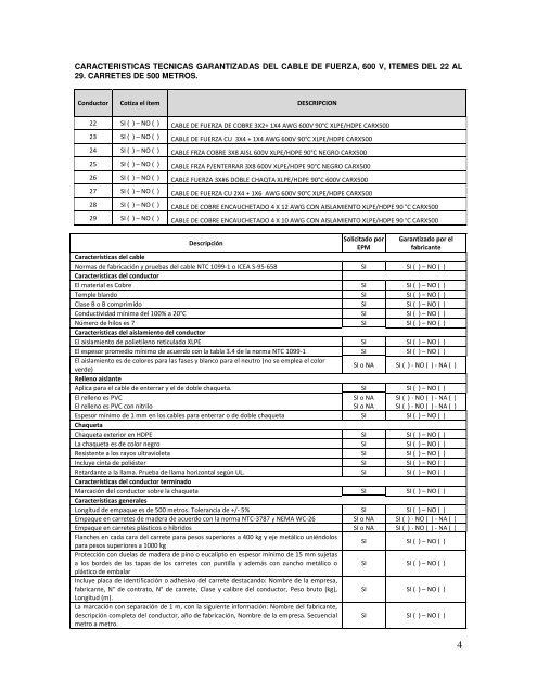 CARACTERISTICAS GARANTIZADAS DE CABLES DE ... - Chec