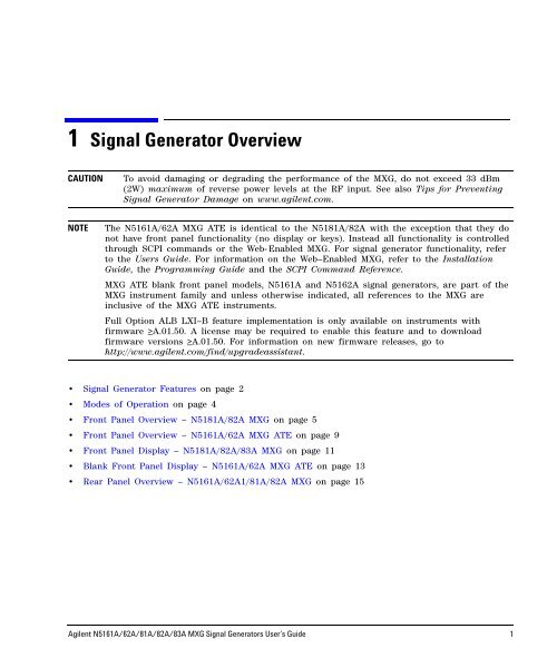 N5161A/62A/81A/82A/83A MXG Signal Generators User's Guide