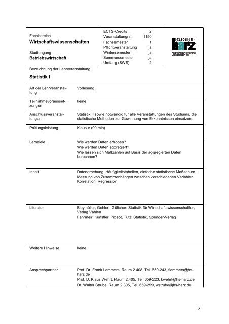 Studienplan Betriebswirtschaft