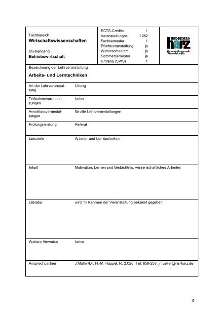 Studienplan Betriebswirtschaft