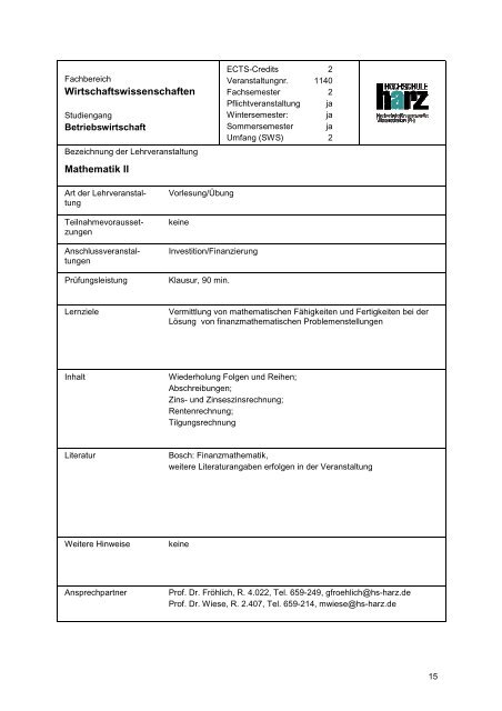 Studienplan Betriebswirtschaft