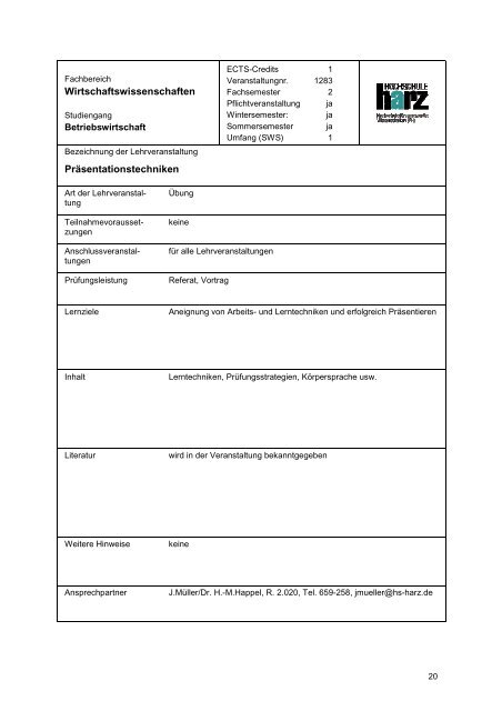 Studienplan Betriebswirtschaft