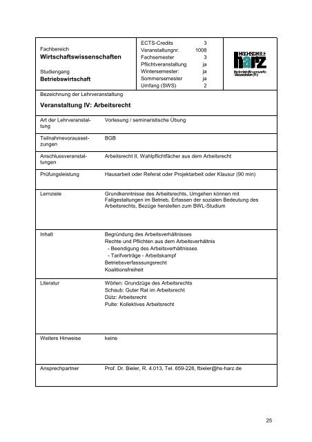 Studienplan Betriebswirtschaft