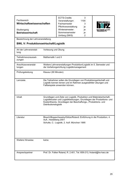 Studienplan Betriebswirtschaft