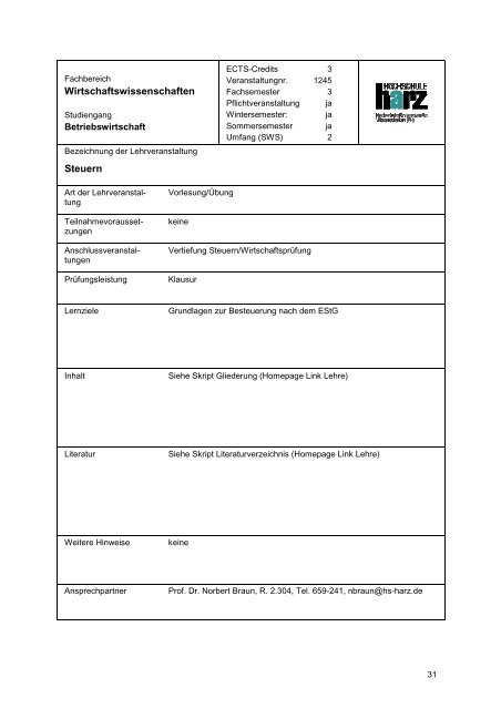 Studienplan Betriebswirtschaft