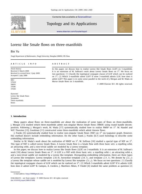 Lorenz like Smale flows on three-manifolds - Michael Sullivan