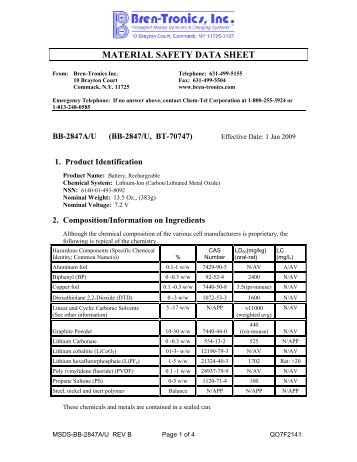 MATERIAL SAFETY DATA SHEET - Bren-Tronics Inc.