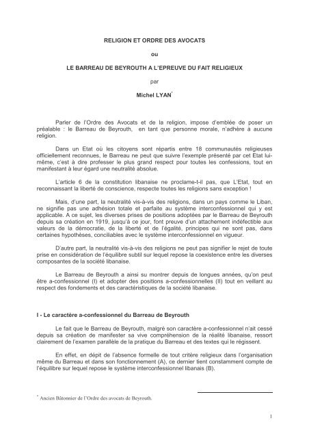 Religion et ordre des avocats ou le Barreau de Beyrouth Ã  l'Ã©preuve ...