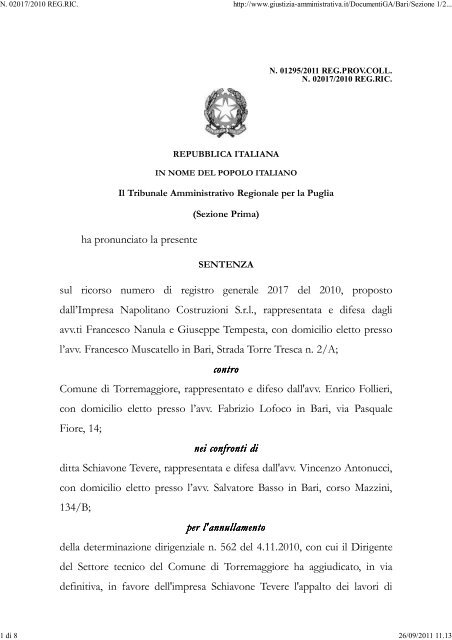 Tribunale Amministrativo regionale Puglia Bari ... - Appalti e Contratti