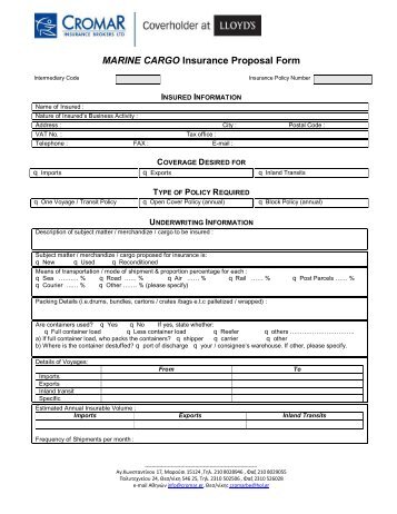 MARINE CARGO Insurance Proposal Form - Cromar