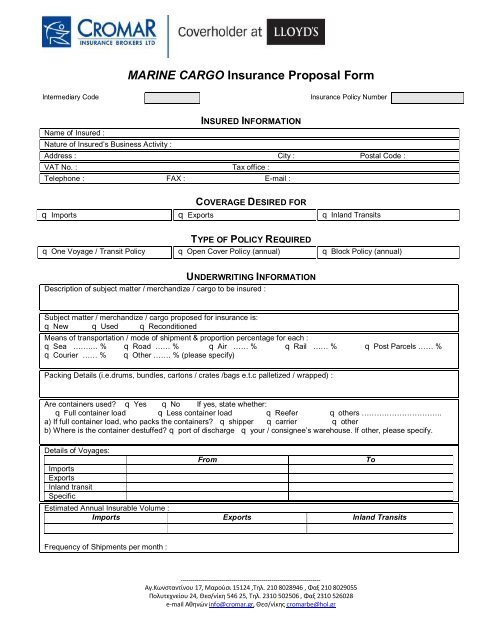 MARINE CARGO Insurance Proposal Form - Cromar