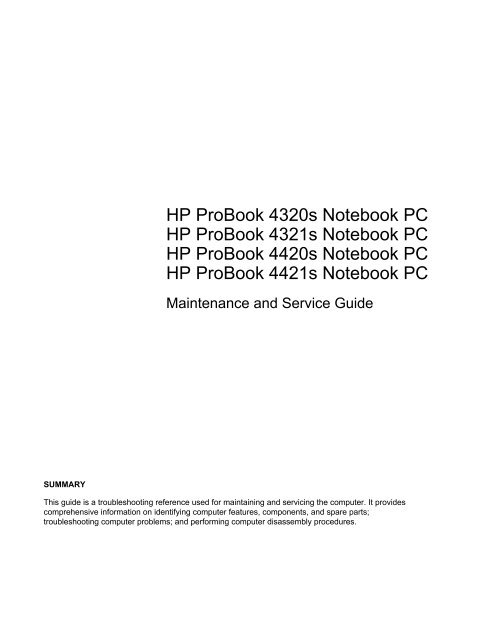 HP ProBook 4320s Notebook PC HP ProBook 4321s ... - Warranty Life