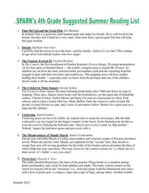 4th Grade Summer Reading List - Atlanta Public Schools