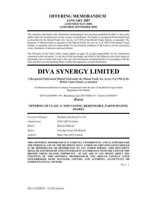 DIVA SYNERGY LIMITED - Bernheim, Dreyfus & Co.